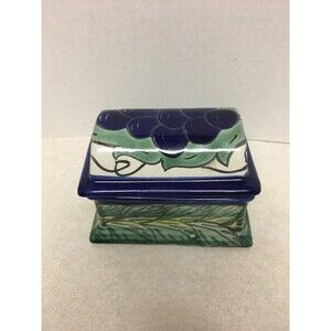 Clay Pottery Mexico Hand Painted Vanity Trinket Box   Green Cobalt Blue Grapes